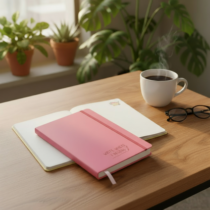 A pink notebook, journal, eyeglasses, coffee, and potted plants rest on a sunlit desk beside the rockdoodles 2026 Calendar Gift Set—an ideal choice for pun lovers to start their creative mornings.
