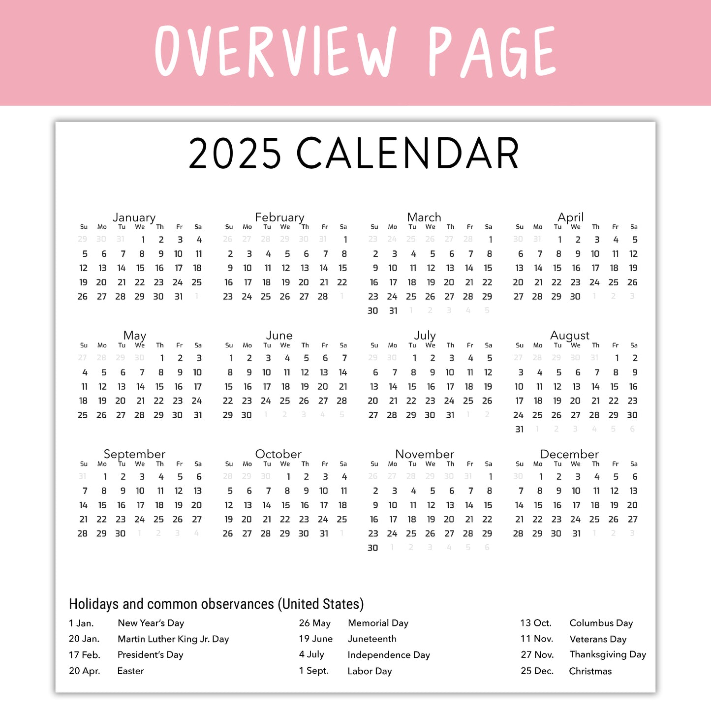 An overview of the 2025 Wall Calendar "You've Got To Be Yolking" by rockdoodles, featuring holidays and observances listed at the bottom. The months are displayed in a grid format from January to December, showcasing vibrant designs and pun-filled fun throughout.