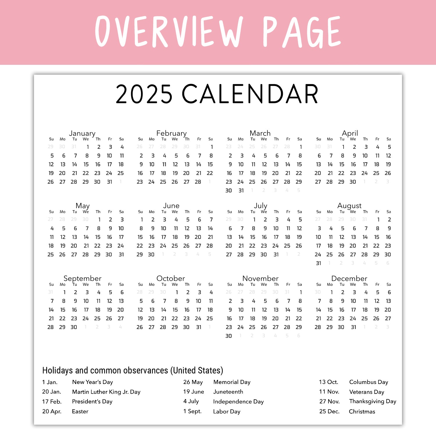 An overview of the 2025 Wall Calendar 