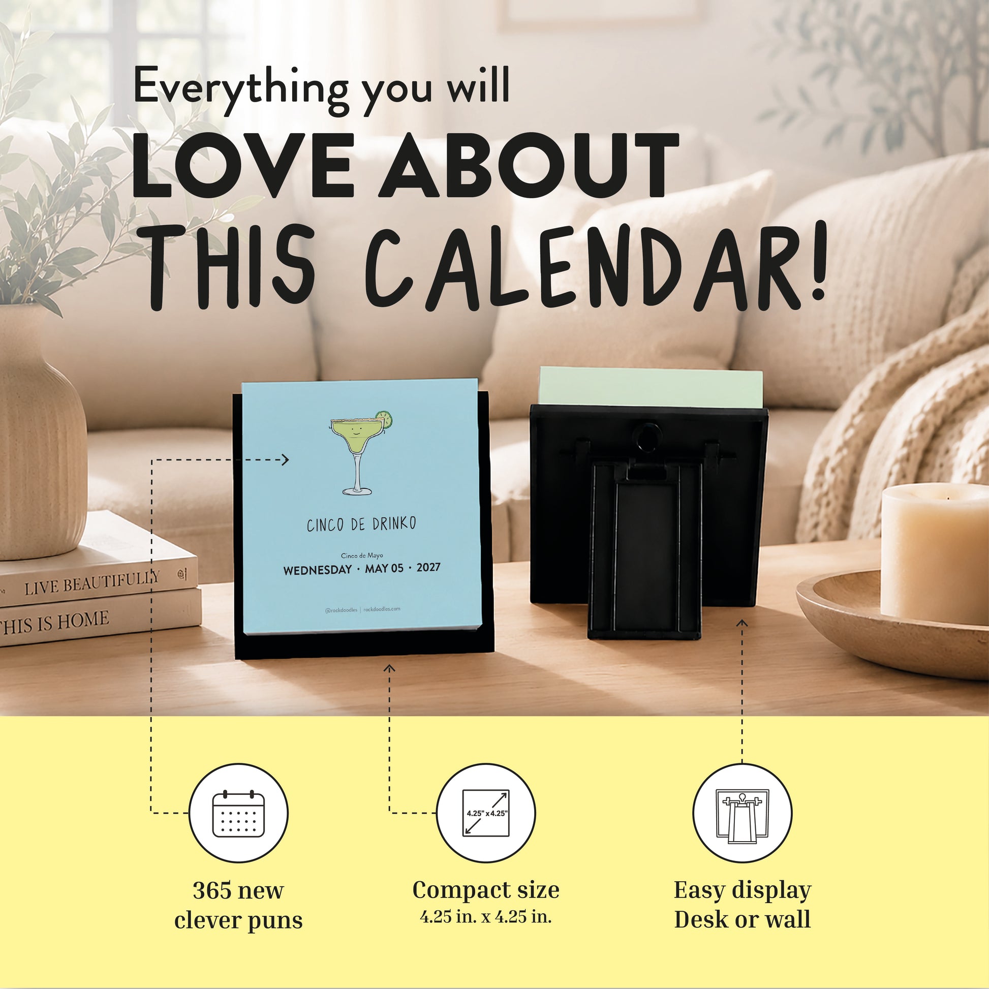 Two views of a 2027 A Pun A Day Desktop Calendar by rockdoodles, featuring a playful "Cinco de Drinko" pun page surrounded by plants and décor. This plastic-free calendar highlights pun-filled illustrations and showcases its icons: 365 puns, compact size, and easy display.
