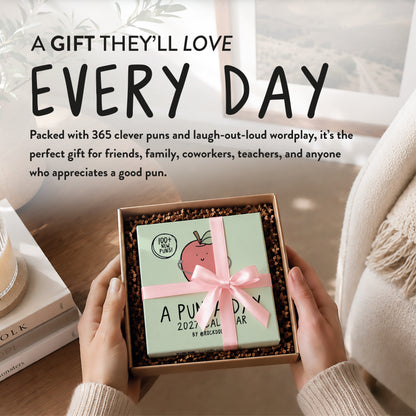 Hands hold a gift box containing the 2027 "A Pun A Day" Desktop Calendar by rockdoodles, featuring pun-filled illustrations on its plastic-free pages and tied with a pink ribbon, with a cozy living room scene in the background.