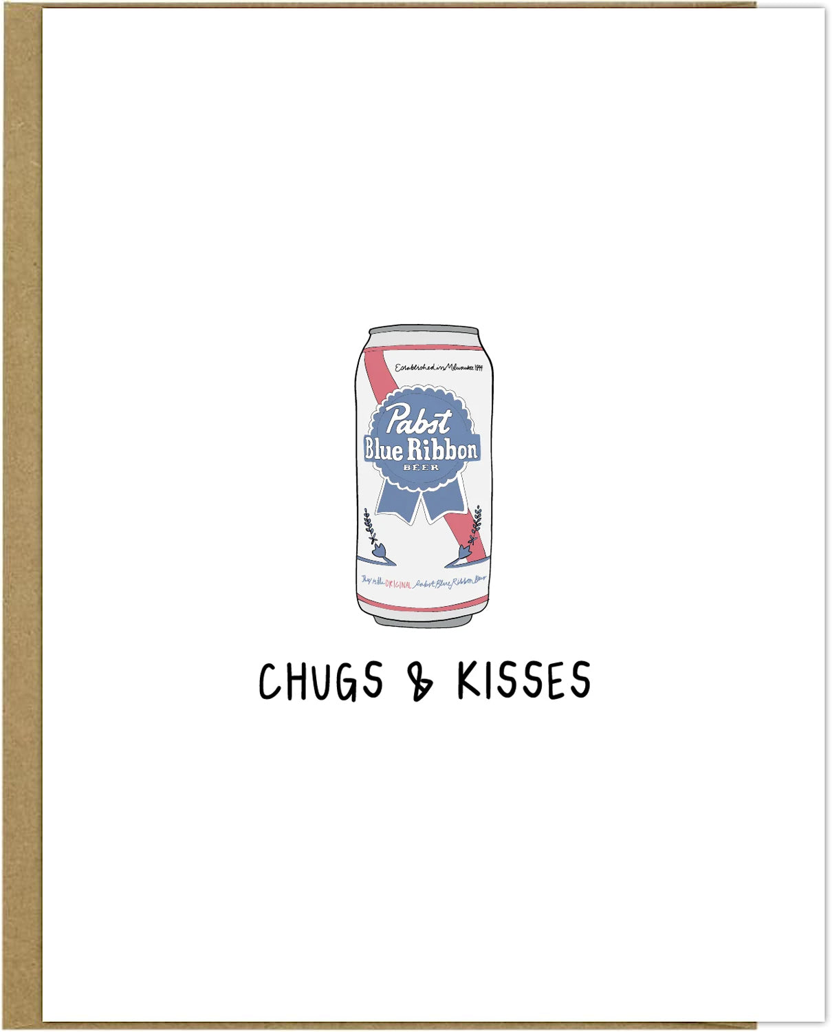 An envelope containing a rockdoodles Chugs & Kisses card featuring a can of beer.