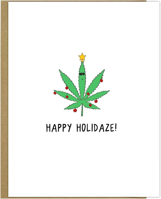 A rockdoodles Holidaze card featuring a marijuana leaf on a natural envelope.