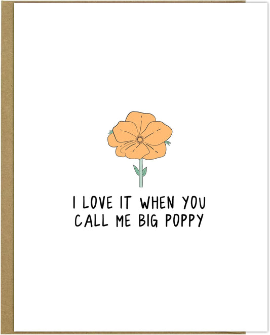 A rockdoodles Big Poppy card with a flower and text.