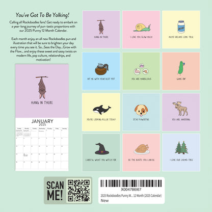 Introducing the 2025 rockdoodles Wall Calendar, "You've Got To Be Yolking!" theme. This calendar boasts pun-filled fun and vibrant illustrations for every month. January's illustration features a humorous "Hang in There" pun with an egg hanging from a stick. Enjoy added interactivity with an included QR code.