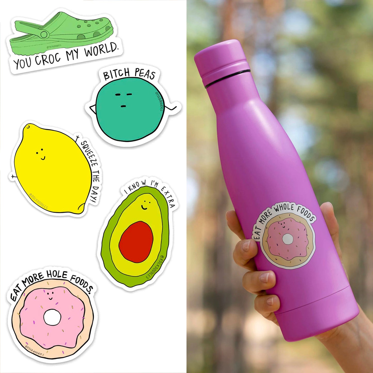 A pink 2024 Rockdoodles Calendar Gift Set with rockdoodles stickers of a donut, avocado, and a donut.