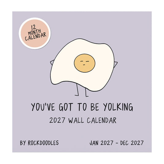 An illustration of a cartoon fried egg with arms and a neutral face appears on a pale purple background, featured on the 2027 Wall Calendar "You've Got To Be Yolking" by rockdoodles—a funny wall calendar from their series that's perfect for adding pun-inspired charm to your space.