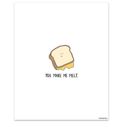 A piece of bread with a face drawn on it, displayed in a wood frame, the Melt Me Print by rockdoodles.