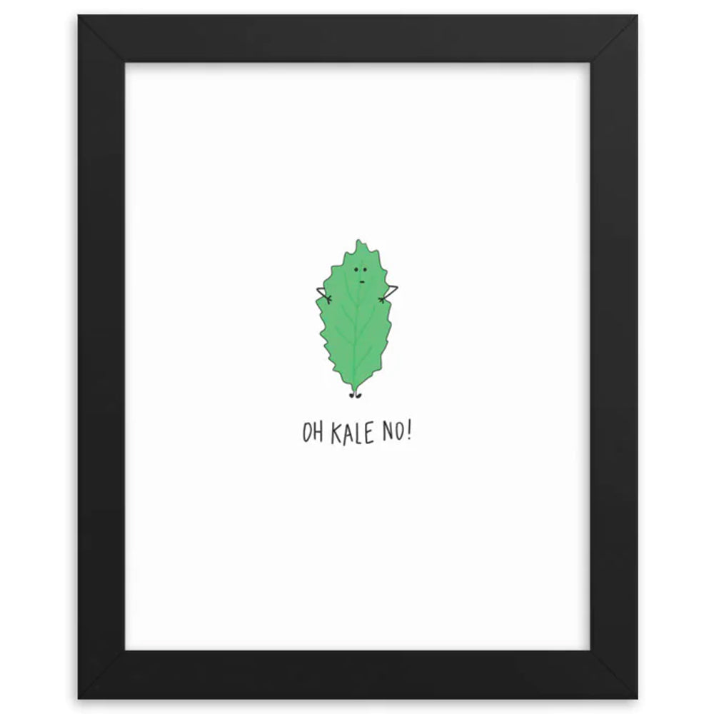 A black Kale No Print frame with a green leaf and text, displayed in a rockdoodles wood frame.