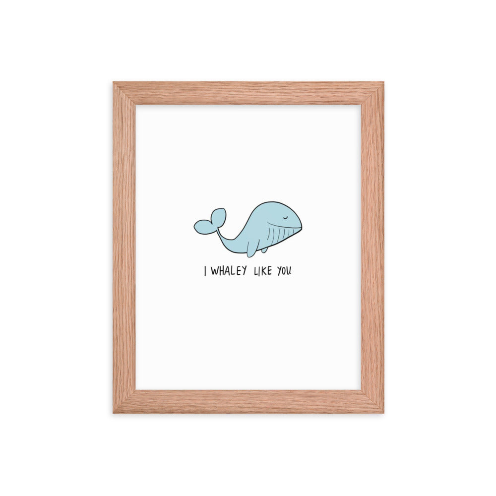A framed I Whaley Like You Print by rockdoodles of a blue whale on thick matte paper.