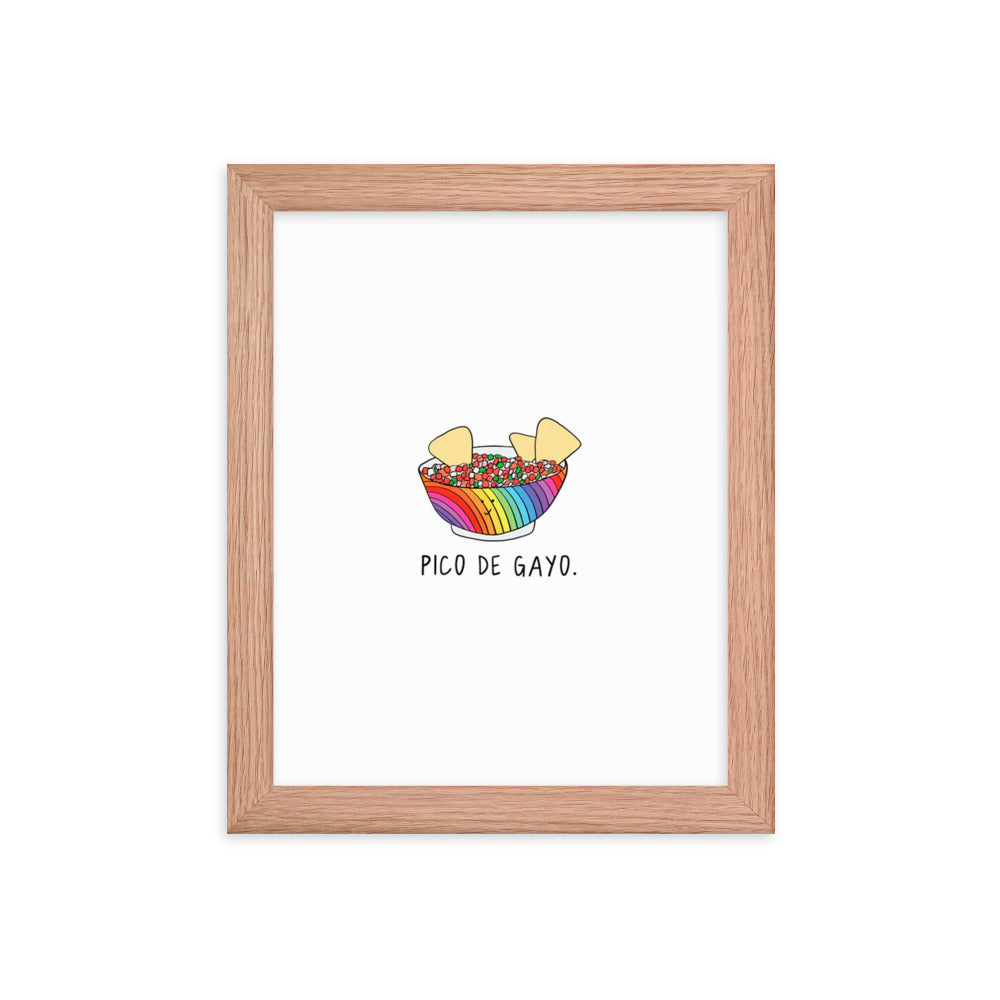 A wood-framed Pico De Gayo Print of a bowl of nachos with a rainbow on thick matte paper by rockdoodles.