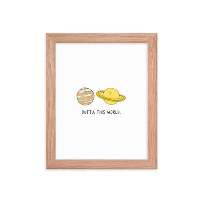 A rockdoodles framed Outta This World Print with two planets and the words 'let's go to the moon', featuring a wood frame on matte paper.