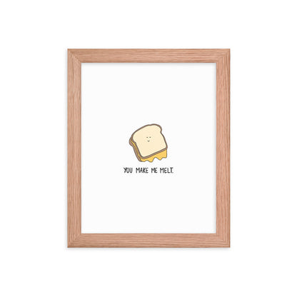 A framed Melt Me Print of a toast with the words 'too much cheese', encased in a wood frame by rockdoodles.