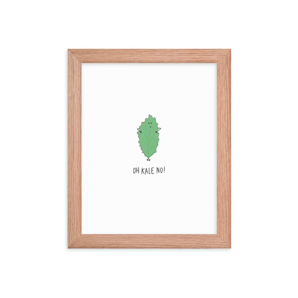 A wood frame with a rockdoodles cartoon character on a Kale No Print framed poster.
