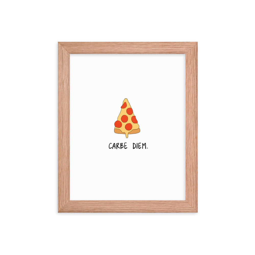 A wood frame with a rockdoodles Carpe Diem Print of a slice of pizza on matte paper.