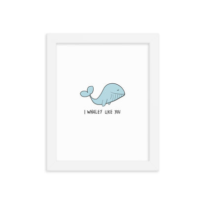 An environmentally friendly framed poster of a whale, the "I Whaley Like You Print" by rockdoodles, printed on thick matte paper made from renewable forests.