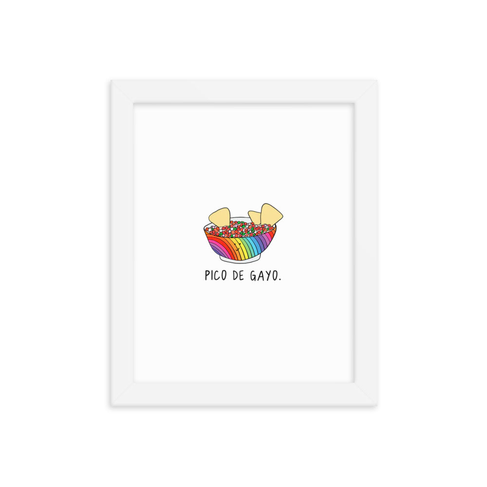 A white framed Pico De Gayo Print by rockdoodles with a bowl of chips and a rainbow. The artwork is beautifully displayed in a wood frame, adding an elegant touch to the piece. Printed on thick matte paper.