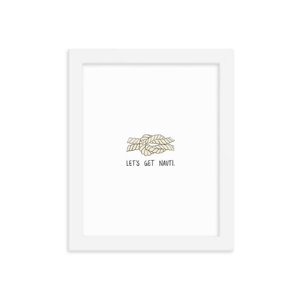 A Nauti Print poster with the brand rockdoodles, framed in white, and featuring the words let's go.